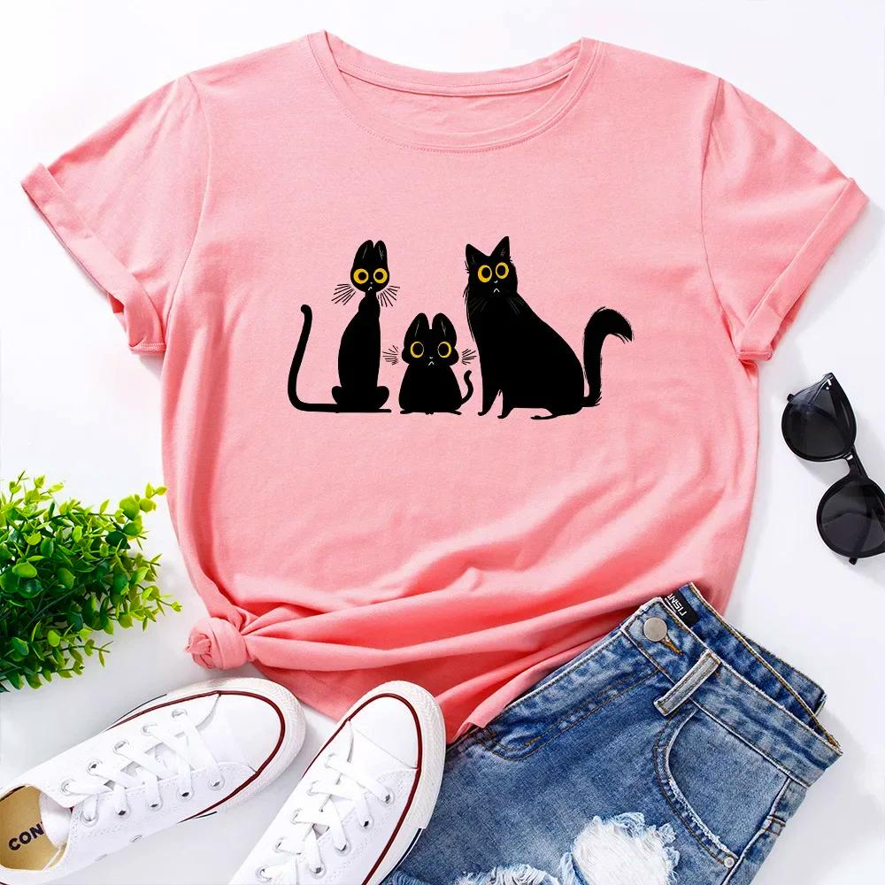 Summer Round Neck Black Cat Graphic Printed Top Fashionable Casual Pure Cotton Short Sleeved Women's T-shirts