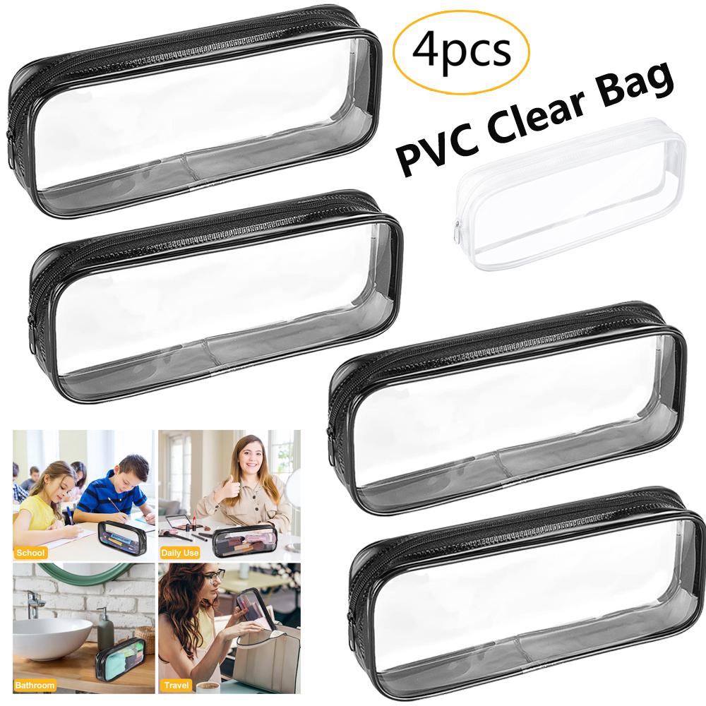 4 PCS Clear PVC Pencil Case School Exam Make Up Bag Travel Zip Pouch Zippered Clear Bag