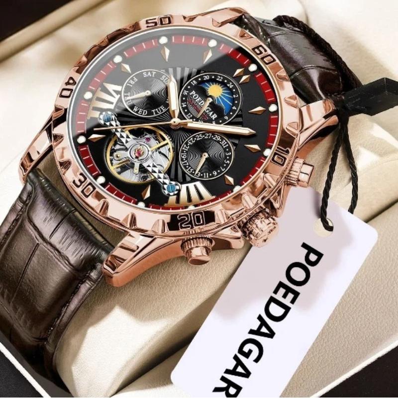 POEDAGAR Luxury Automatic Wristwatch Waterproof Luminous Date Week Leather Men Watch Tourbillon Mechanical Fashion Watches