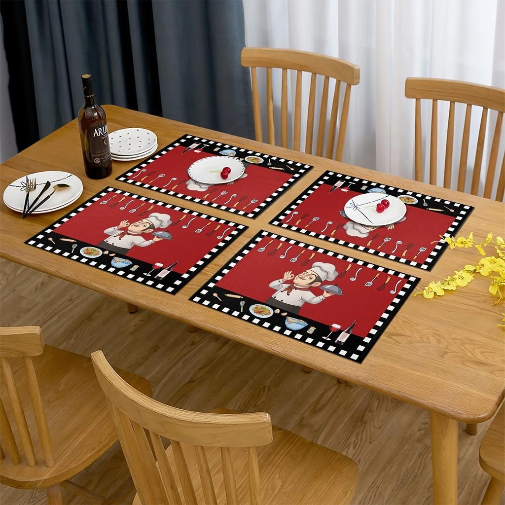 1 pièce Sets de table rouges à carreaux pour cuisine de chef, Sets de table amusants, Sets de table pour table de salle à manger style ferme, Ensemble de table essuyable