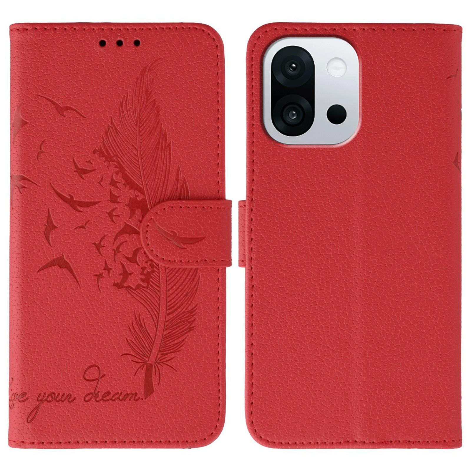 

For OnePlus 13T 5G Case Feather Imprint PU Leather Wallet Phone Cover Red