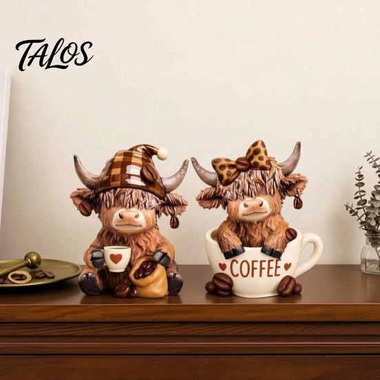 Highland Cow Coffee Decor 2Pcs Figurine, Cute Resin Animal Statue for Home Desk Collectible Decor, Cafe Style Tabletop Ornament, Creative Gift Lovers