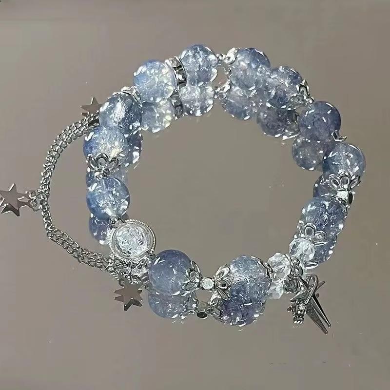 Niche Design Gradient Blue Crystal Beads Bracelet For Women Girls Korean Sweet Star Tassel Bracelet Friendship Jewelry Gifts