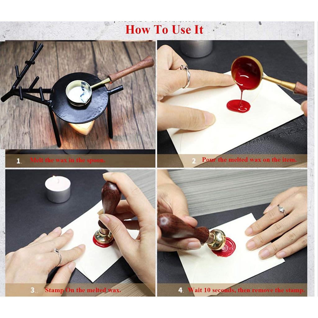 T02C!Sealing Wax Warmer Wax Seal Kit Wood Handle Melting Spoon Sealing Wax Tool For Xmas Package Sealing Seal Stamp Kit