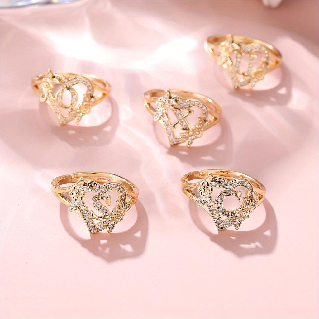 1 Stück goldene Farbe 26 englische Buchstaben CZ Zirkon Ring Rose Blume verstellbare Öffnung Ring Ehering Schmuck Valentinstag Geschenk
