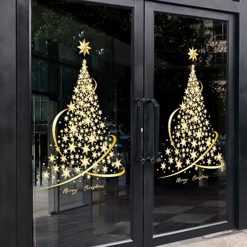 Christmas Tree Window Clings Stickers for Glass, Extra Large Golden Xmas Windows Static Stickers, DIY Wall Window Door Mural Showcase Decal Sticker