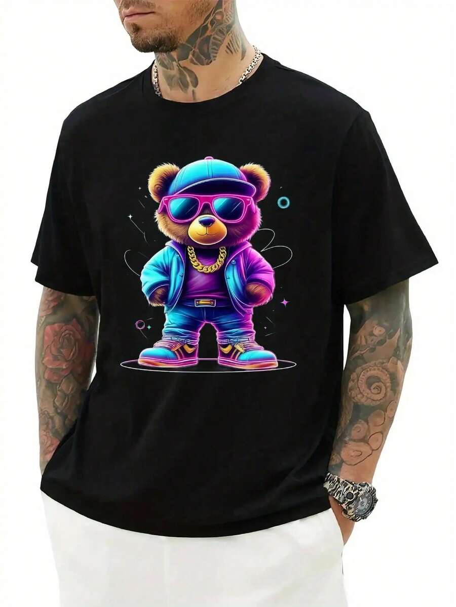 

Unisex s Black Crew Neck T-Shirt With Neon Glow-In-The-Dark Bear Graphic Print S