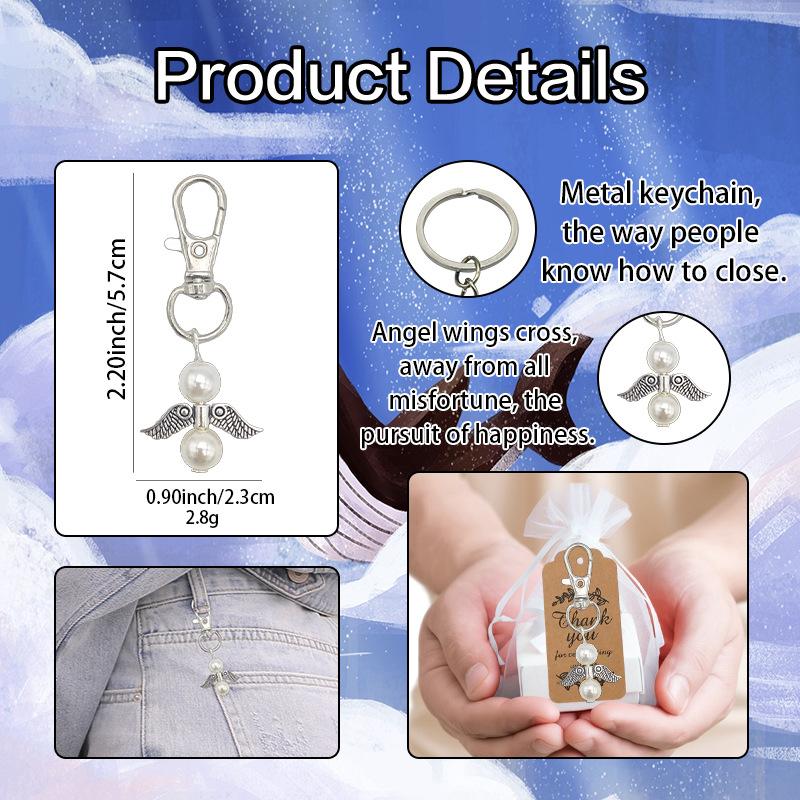 Angel Wings Pendant Keychain Pearl Thanks Card Organza Bag