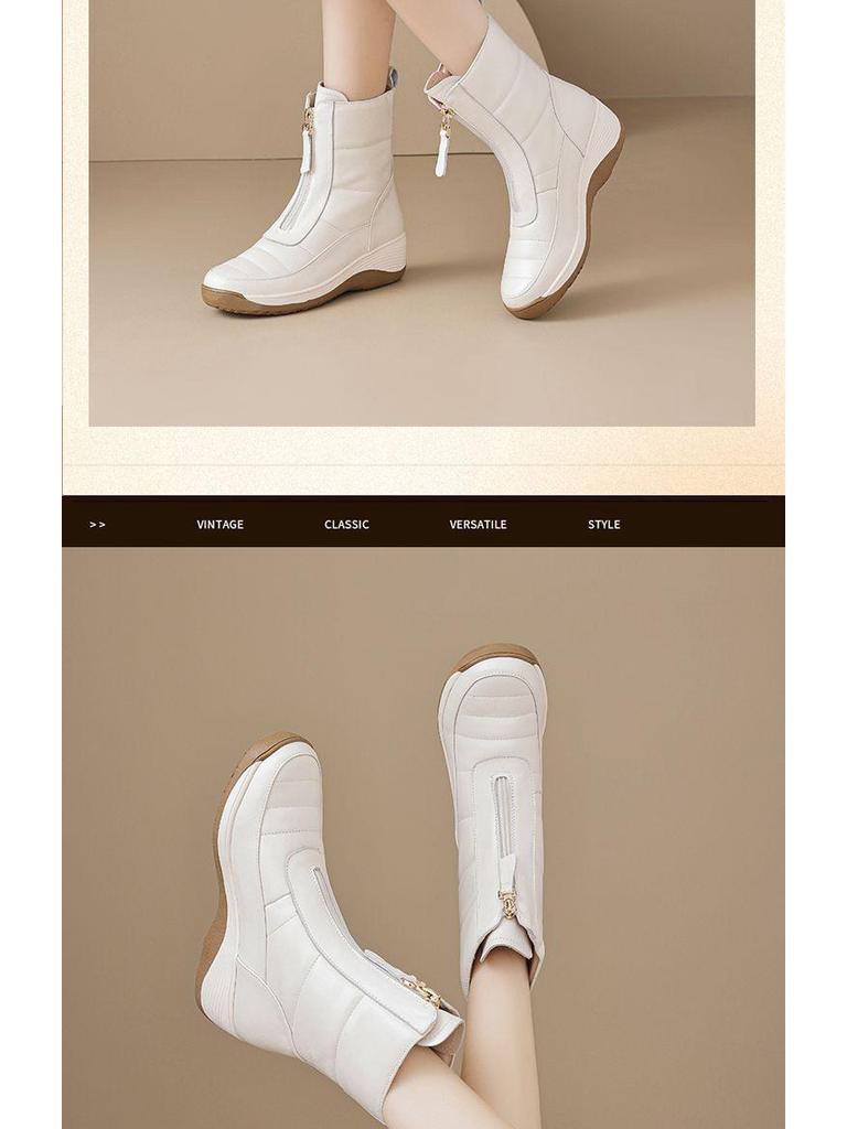 Damskie ocieplane polarem śniegowce z prawdziwej skóry, antypoślizgowy koturn, gruba podeszwa, kaszmirowe botki - Jesień/Zima 2025.