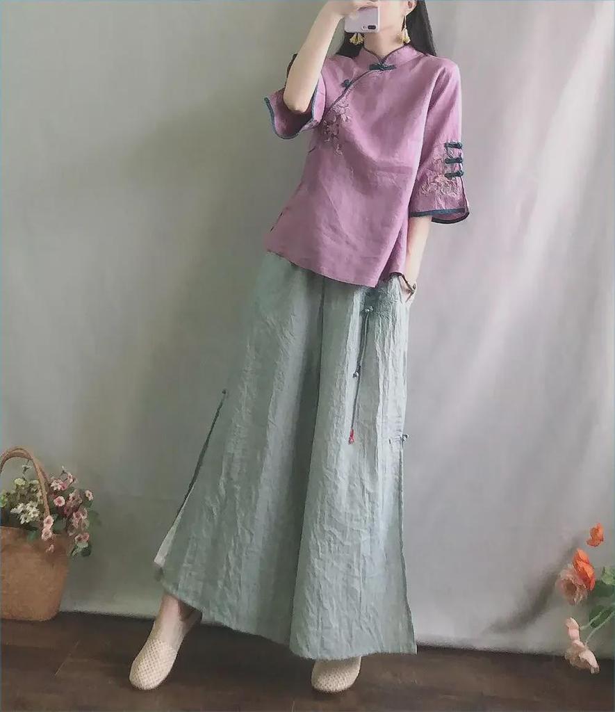 Chinese-Style Retro Cotton-Linen Mid-Sleeve Shirt with Stand-Up Collar and Embroidered Tea Service Design for Women.