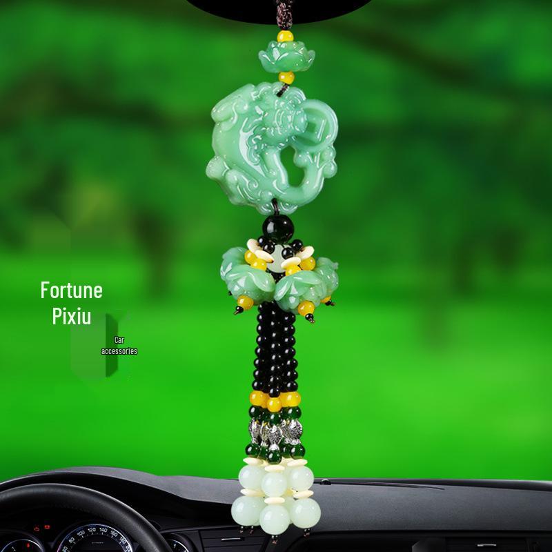 Green Jade Car Pendant: Pi Xiu and Lotus Ornament for Interior Peace
