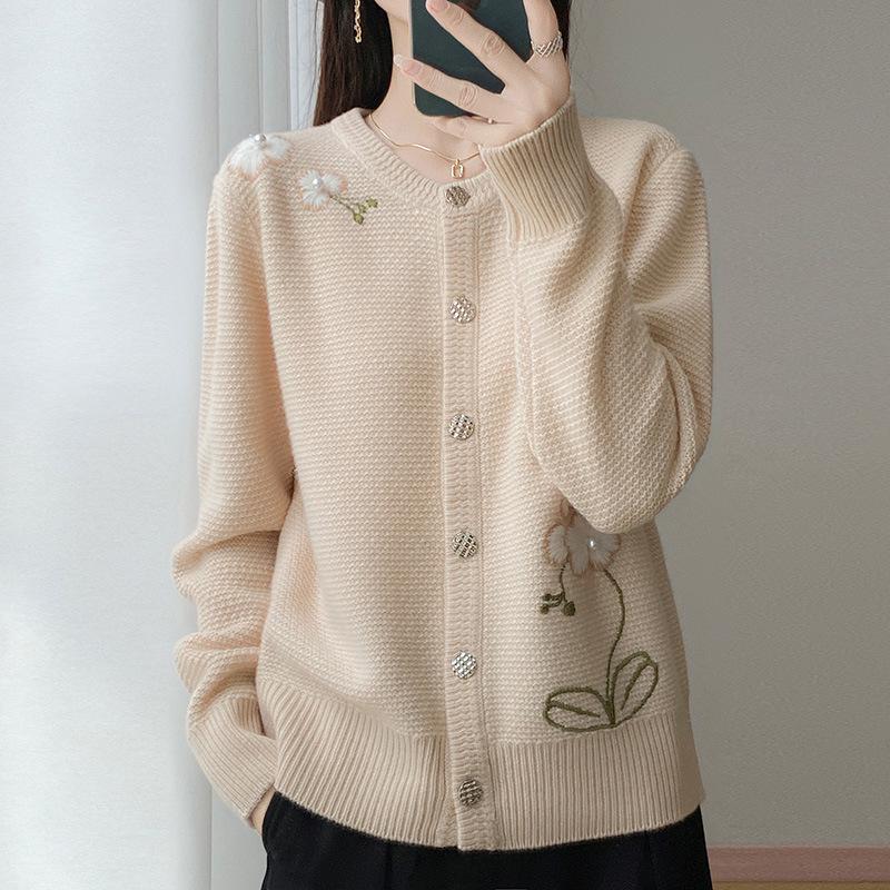 Women's Round Neck Wool Knit Cardigan - Autumn/Winter Handmade Embroidered Cashmere Coat, Thickened Long Sleeve Waffle Design