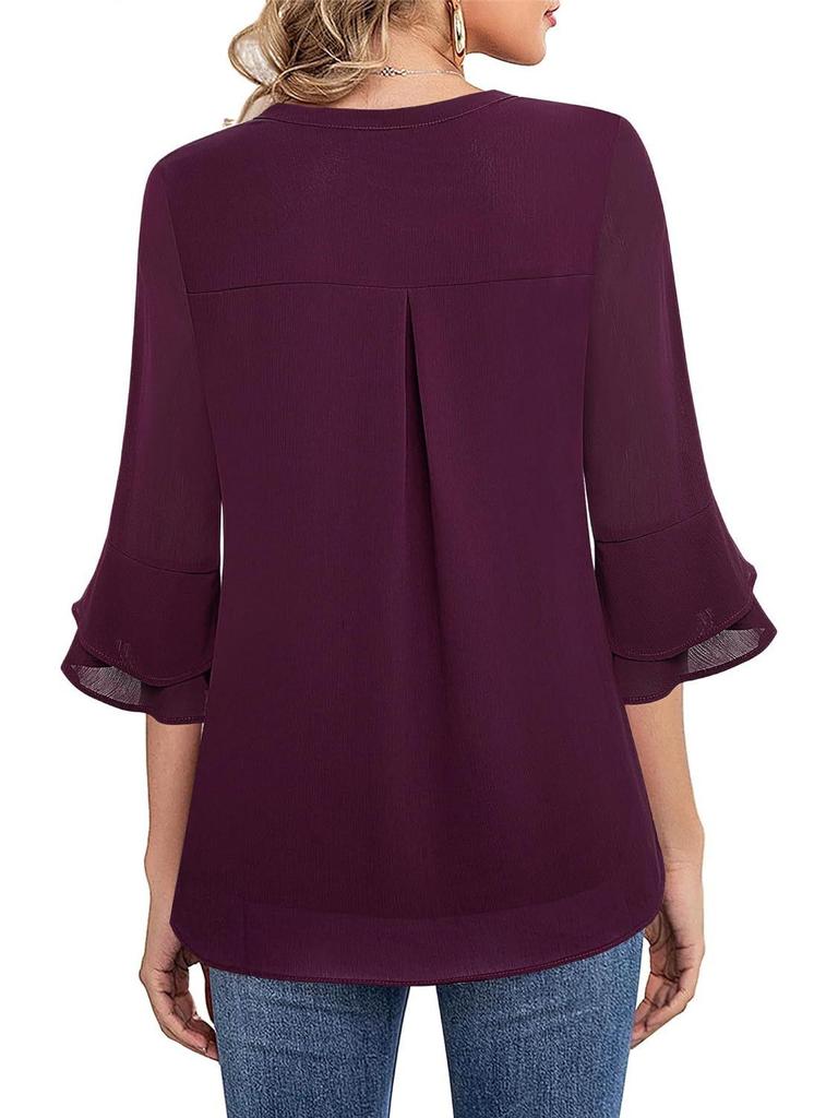 Women's V-Neck Double-Layer Chiffon Top with Flare & Tie-Waist Detailing