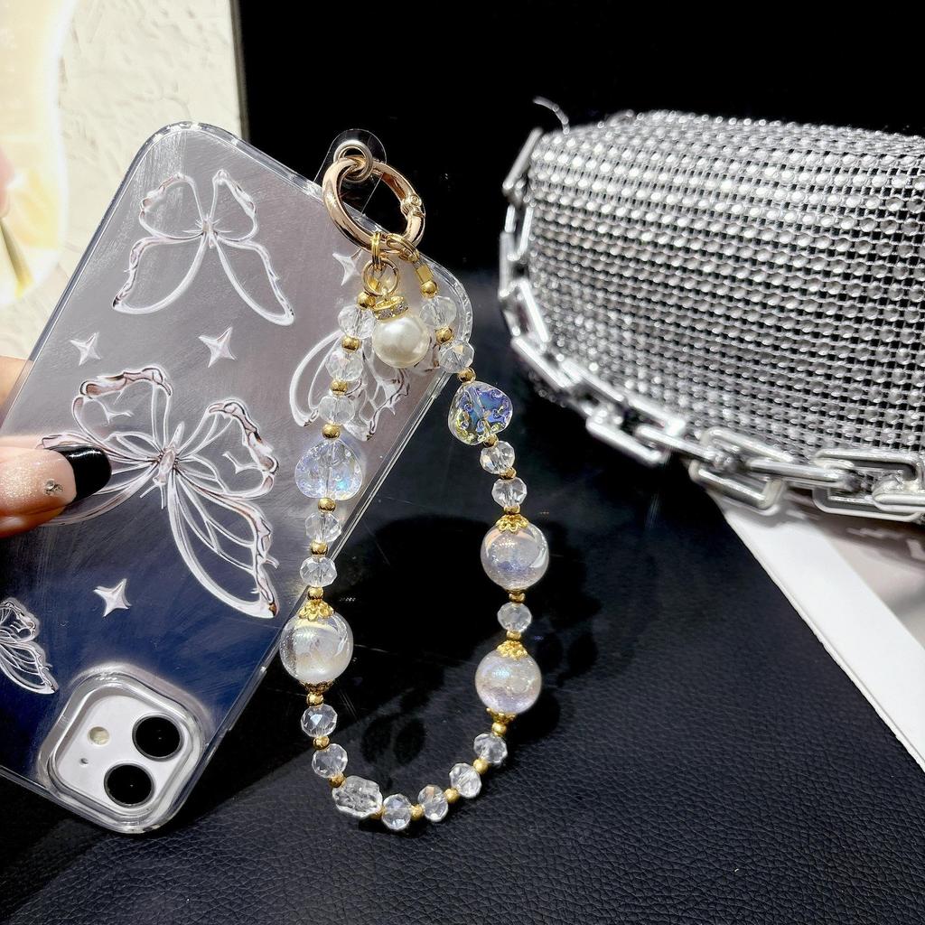Luxus Buntes Herz Kristall Perlen Handy & Handtasche Handgelenk Lanyard Schlüsselanhänger