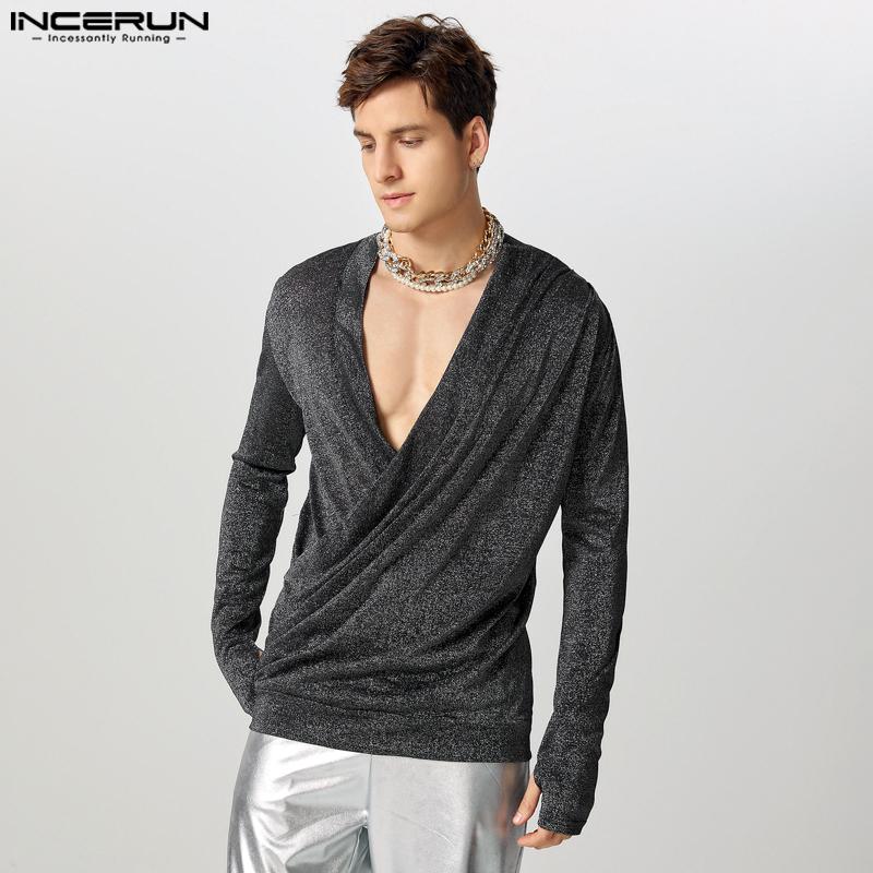 INCERUN Men V Neck Long Sleeve Glitter Front Cross See Through Tops T-shirts