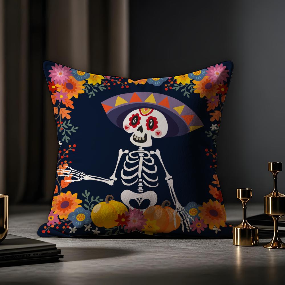 Mexico Easter Flower Skeleton Cushion Cover Case Antidustmite Pillowcase Invisible Zipper Silky Short Plush Sofa Cushion Cover