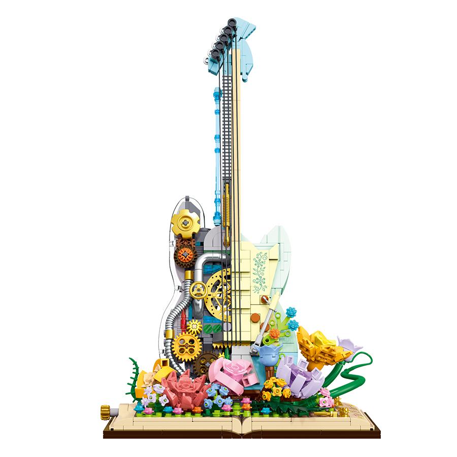 Non-Toxic Cool Electric Guitar With Lights Small Particle Building Blocks Flowers Bricks Musical Instrument Assembly Toy For Kids Gifts