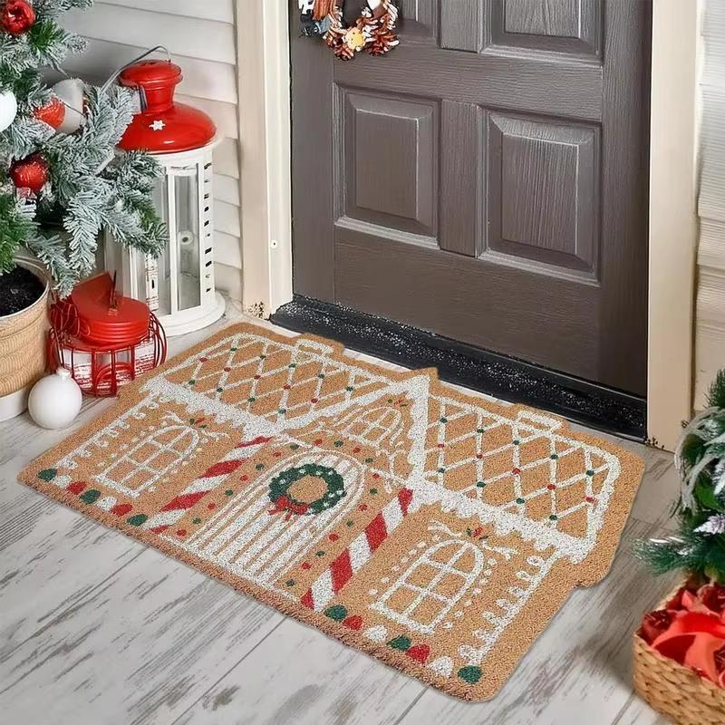 VIKAMA Christmas Gingerbread House Entrance Mat Warm Plush Non Slip Entry Carpet Holiday Atmosphere Home Decoration