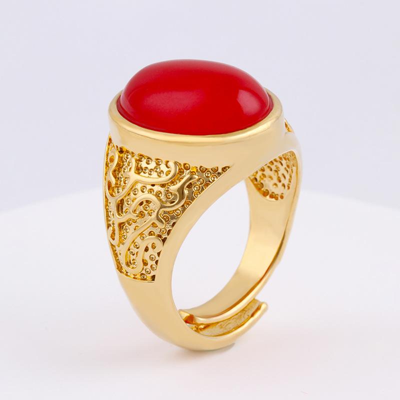 

Large Gold-Tone Oval Red & Green Gemstone Ring, Open Adjustable Men s Ring, Fire-Gold Finish