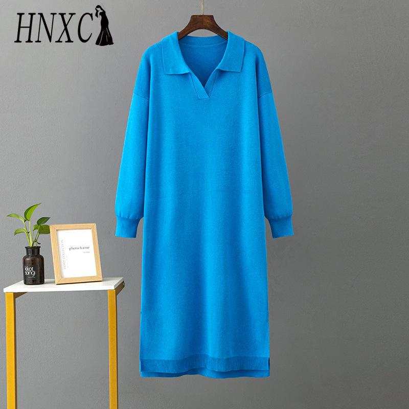 HNXC Rochii de toamnă-iarnă tricotate largi pentru femei, cu guler polo de culoare solidă, cu căptușeală