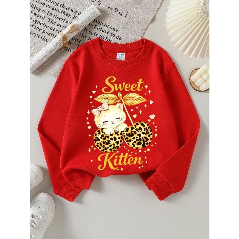 European Sizes Girls Soft Crewneck Sweatshirt Sweet Kitten Leopard Cherry Print Design, Casual All-Match, Ideal Holiday Present