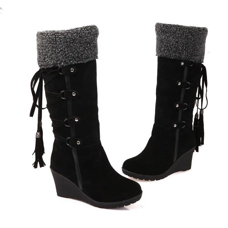 Women's High Boots Winter Fashion Lace-up Tassel Long Boots Women Platform Wedge Snow Boots Warm Cotton Boots