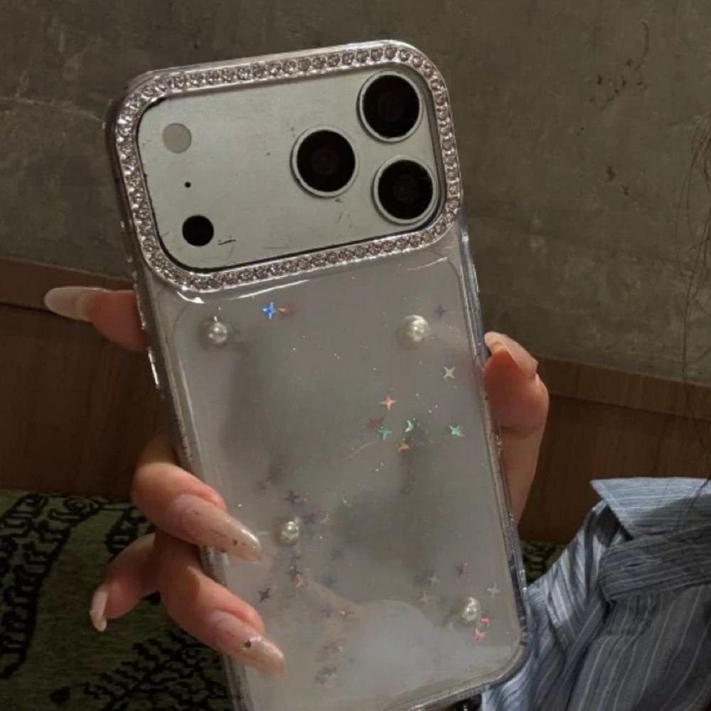 Elegante Custodia in Resina con Perle e Farfalla per iPhone 16/17 Pro Max 15 Pro Copertura Protettiva Lussuosa per Donne
