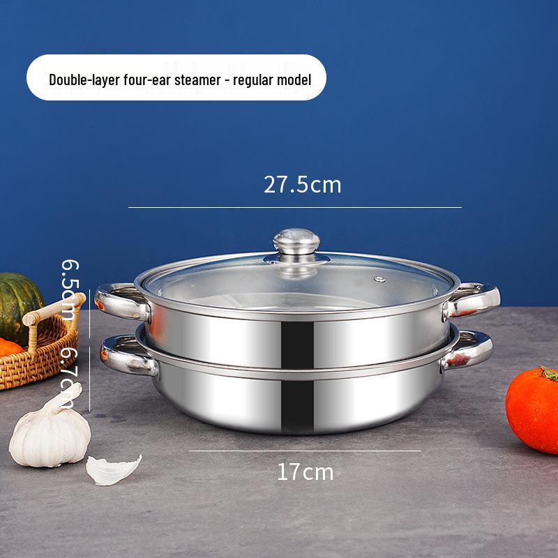 Stainless Steel Double-Layer 28cm Steamer Pot with Handles - Large Capacity for Soups & Hot Pots