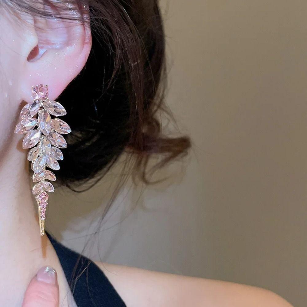 Silver Needle Tassel Earrings Full Drill Crystal Earrings Exaggerated Dangle Earrings  Dinner Party