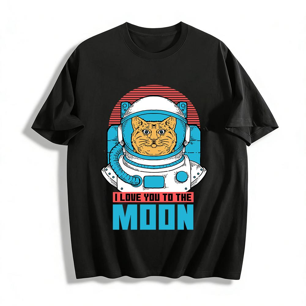 Cute Space Orange Cat Print Casual T-shirt Moon Themed Top Pure cotton T-shirt XXS