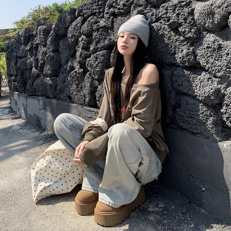 Damskie postarzane retro amerykańskie dżinsy: Jesień 2025 Luźne Szerokie Nogawki z Designem Drapanym