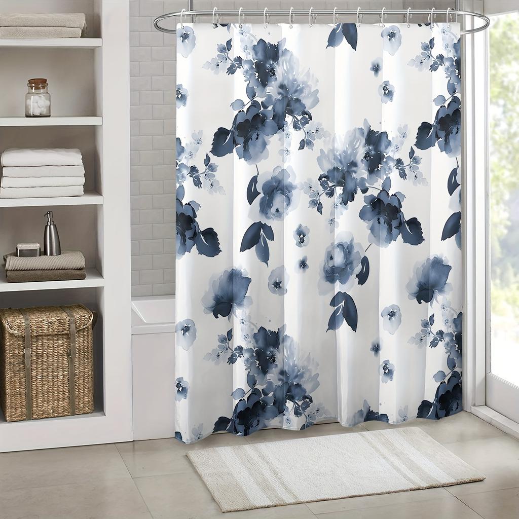1 Piece Waterproof Floral Shower Curtain Set With Hooks - Machine Washable Polyester Fabric For Bathroom Decoration