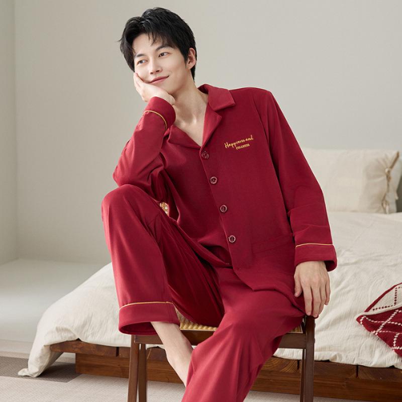 Festive Bright Red Velvet Winter Pajamas Set for Couples: Benming Year Wedding Edition