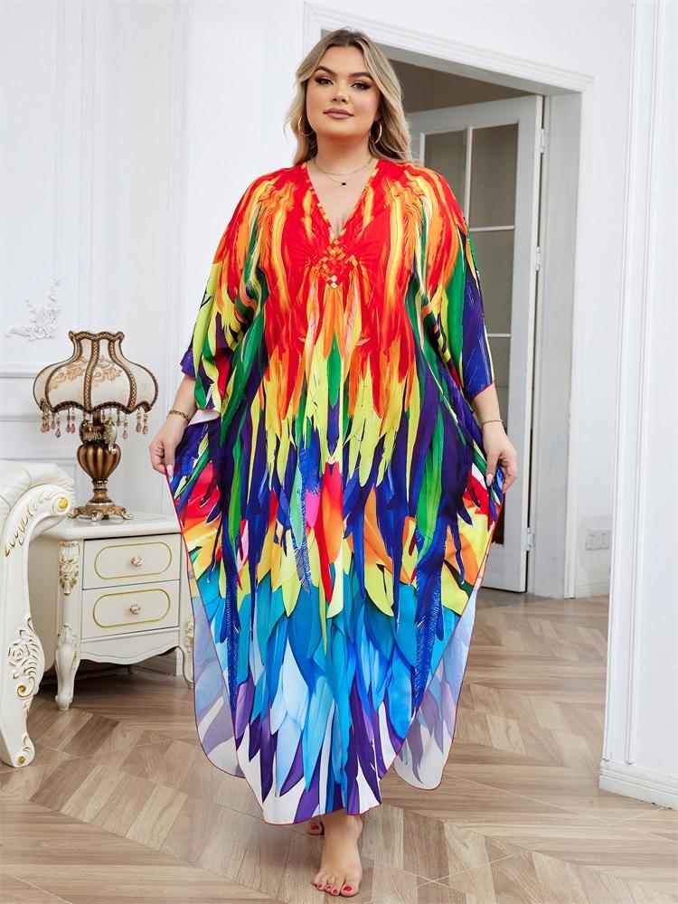 EDOLYNSA Plus Size Women Kaftan Dress Outfits Boho Colorful Printed Vacation V-neck Split House Robe Summer Beachwear Bathing Suit Cover Up Q1588