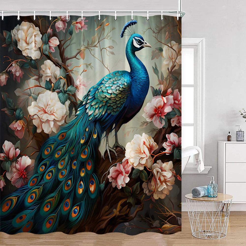 Peacock Shower Curtain Modern Oil Paniting Animals Flowers Plants Floral Bathroom Decor Elegant Fabric Bath Curtains with Hooks