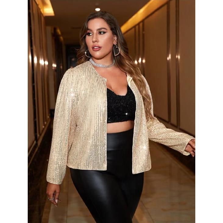 

Sexy Style Solid Color Sequin Cardigan Plus Size Women s Jacket XXXL шампанського