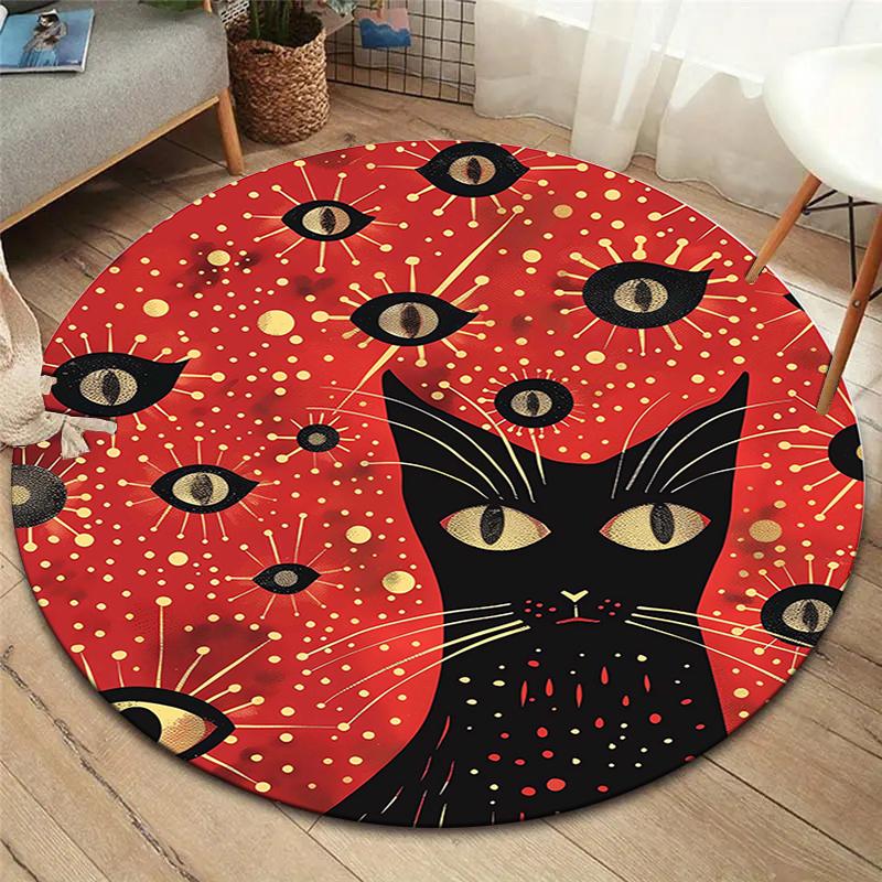 Cartoon Black Cat Round Area Rug,Carpet Rug for Living Room Bedroom Sofa Playroom Decor,Non-slip Floor Mat