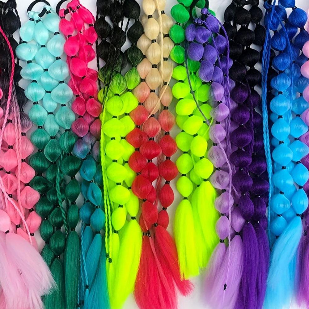 Synthetic 1Pcs Ponytail Extension Corlorful Bubble Braid Long Lantern Braided Ponytail with Hair Tie Straight Hairpieces