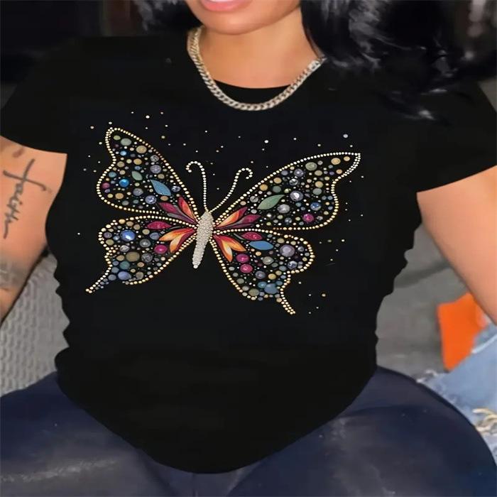 

Летний топ с круглым вырезом и 3D-принтом «Любовь-бабочка», модная повседневная женская футболка с коротким рукавом XS
