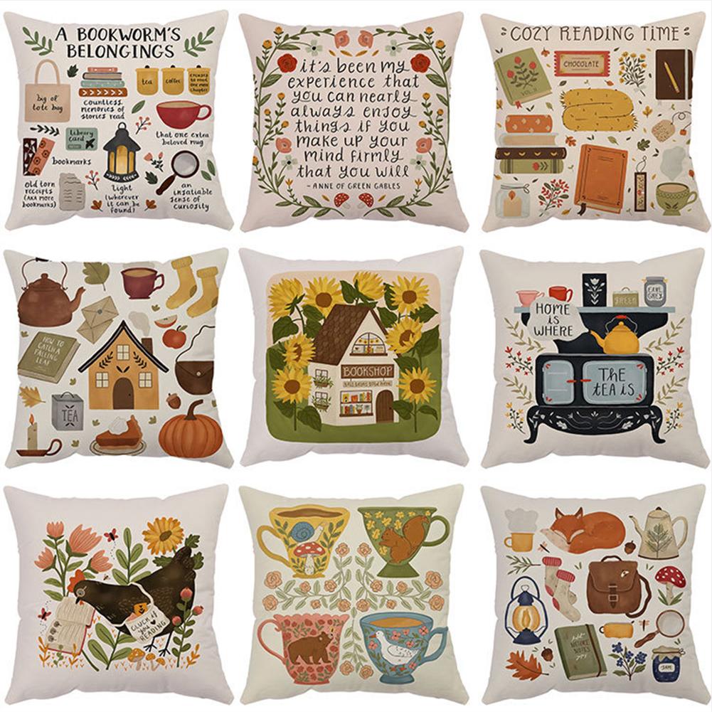 Flannel Square Bedside Pillowcase, Pastoral Home Atmosphere Cartoon Anime Pattern Cushion Protective Cover With Invisible Zipper 45x45cm