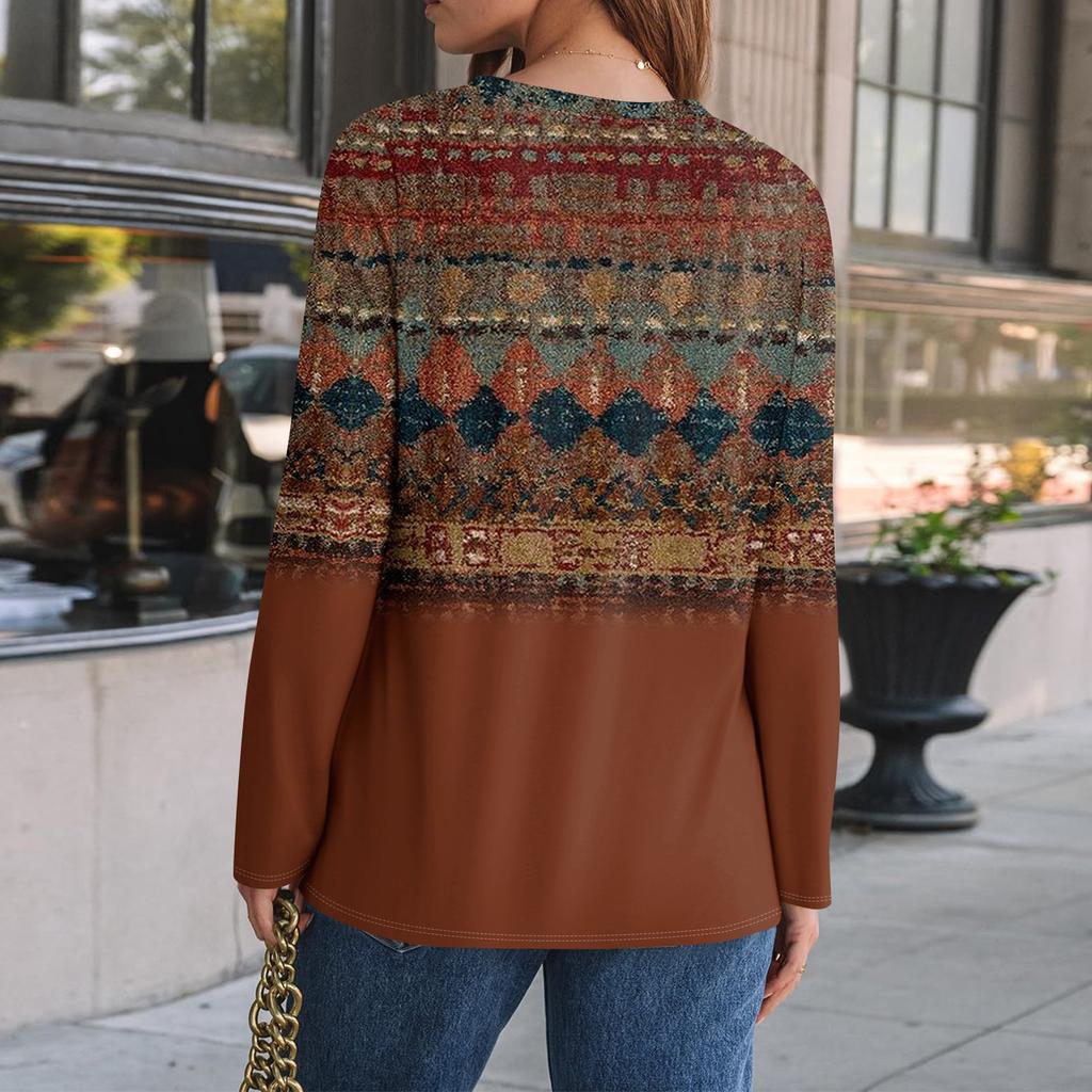 Women's Loose Casual Long Sleeve Top Round Neck Button Pull Stripe Prints T Shirt