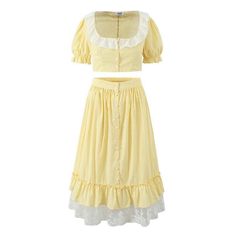 Summer Ice Vitamin C French Sweet Cream Yellow Plaids Lace Edge Puff Sleeves Small Top Elastic Waist Mid-Length Dress Set