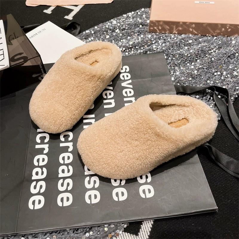 

Fashion Winter Women Warm Cartoon House Slippers Concise Round Toe Shoes Ladies Comfort Slip On Flats Slides Shoes 35 бежевый