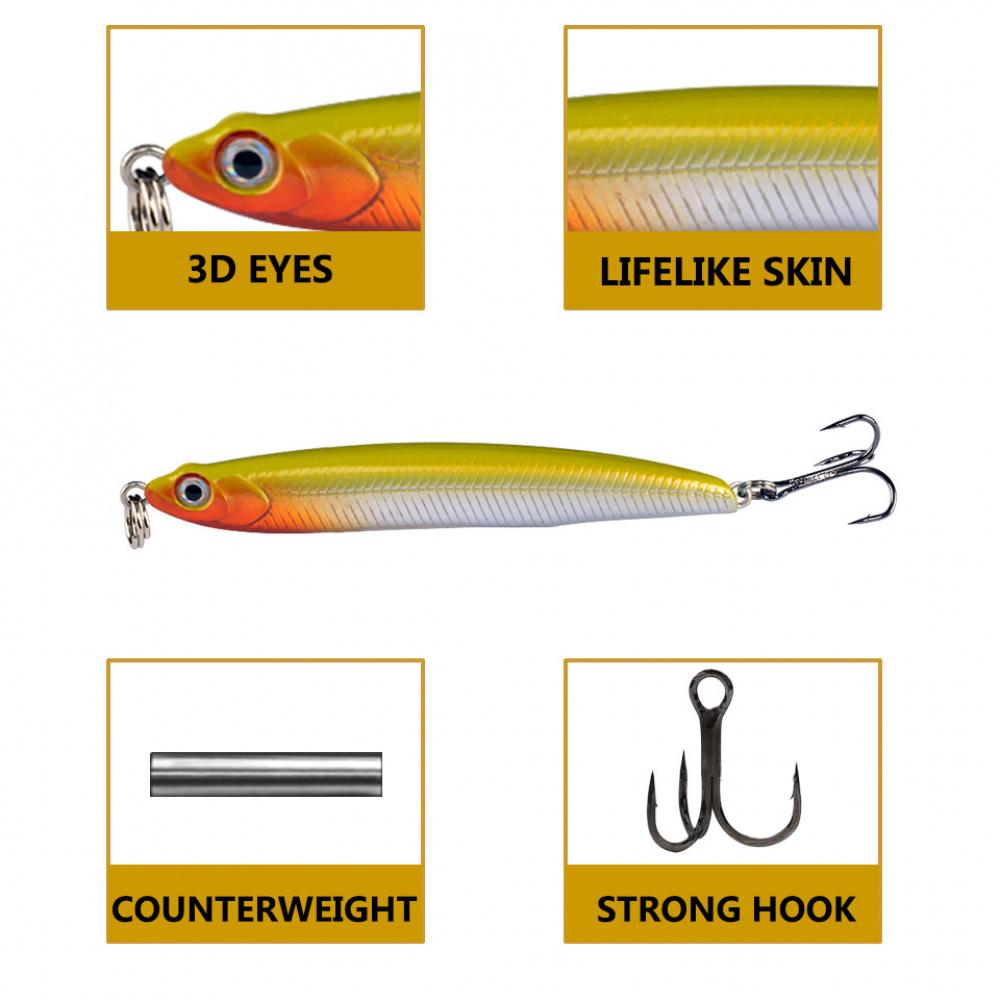 Bullet Head Sinking Pencil Bait Long Casting Lure Fish Shape Hard Bait for Bass Pike Saltwater Freshwater Fishing with 3D Eyes and Sharp Hooks