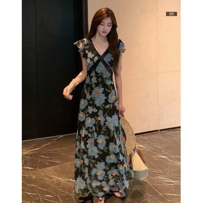 Summer Resort Style V-Neck Ruffle Sleeve High-Waist Floral Print Long Dress for Women