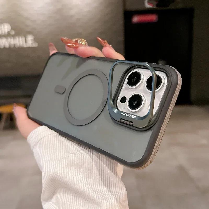 Fashion Double Color Magnetic Stand Translucency Case For iPhone 16 15 14 13 12 11 Pro Max Plus Magsafe Splice Color Matte Cover