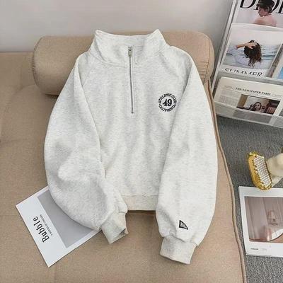 Women's American Retro Embroidered Half-Zip Stand Collar Sweater - Autumn/Winter Plus Velvet Pullover