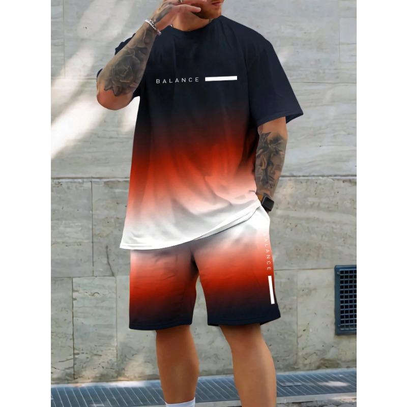 Trendy Gradient Color Short Sleeve T Shirt Shorts Set Plus Size Vacation Beach T-shirt Shorts 2-piece Set Loose Men's Clothing