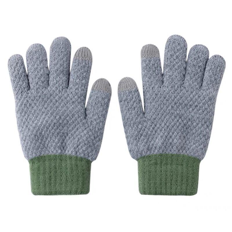 Winter Women's Cute Woolen Knitted Plus Velvet Contrasting Color Five Finger Cycling Warm and Thickened Windproof and Cold Proof Cycling Men's