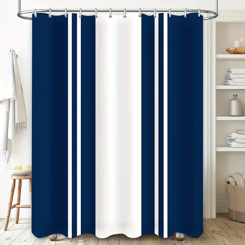 Blue White Shower Curtain Modern Stripe Design for Bathroom Decorations Easy Installation Hookless Rings